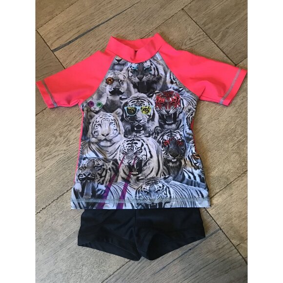 Neon Red Tiger Swim Rash guard And Trunks - Picture 1 of 5